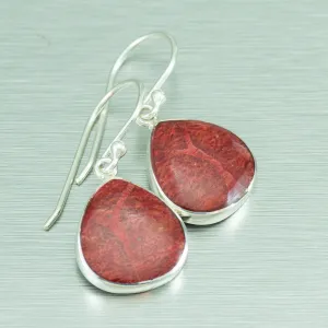Coral teardrop silver dangle earrings