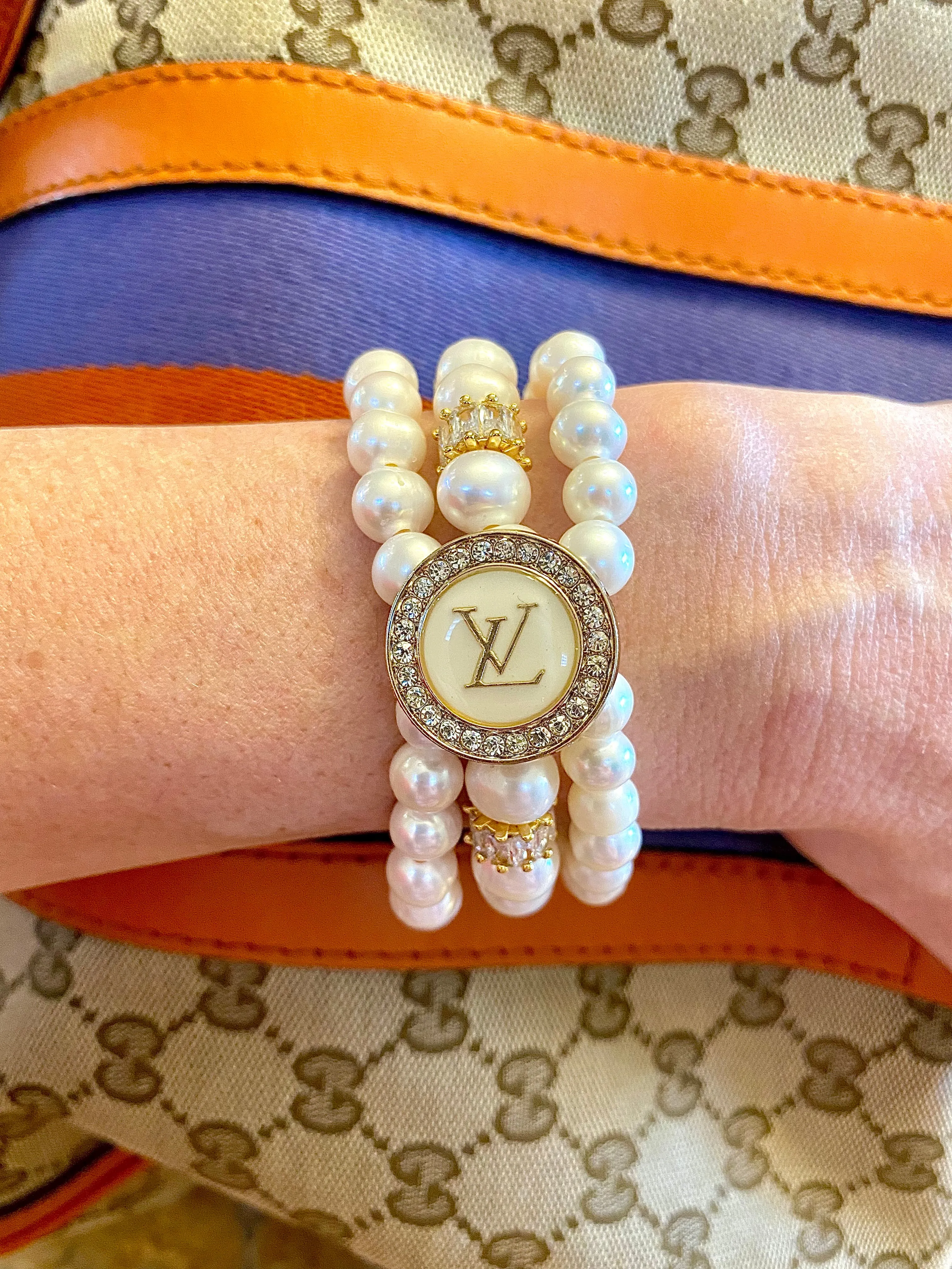 CZ LV White and Gold Button bracelet