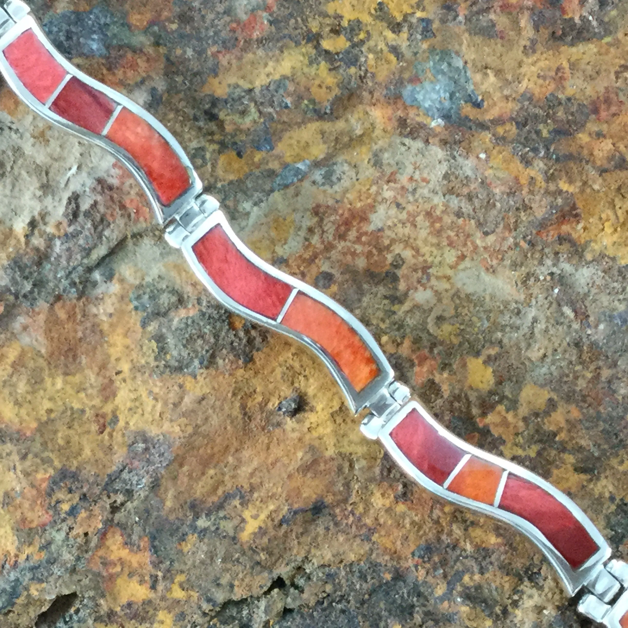 David Rosales Desert Fire Inlaid Sterling Silver Wavy Link Bracelet