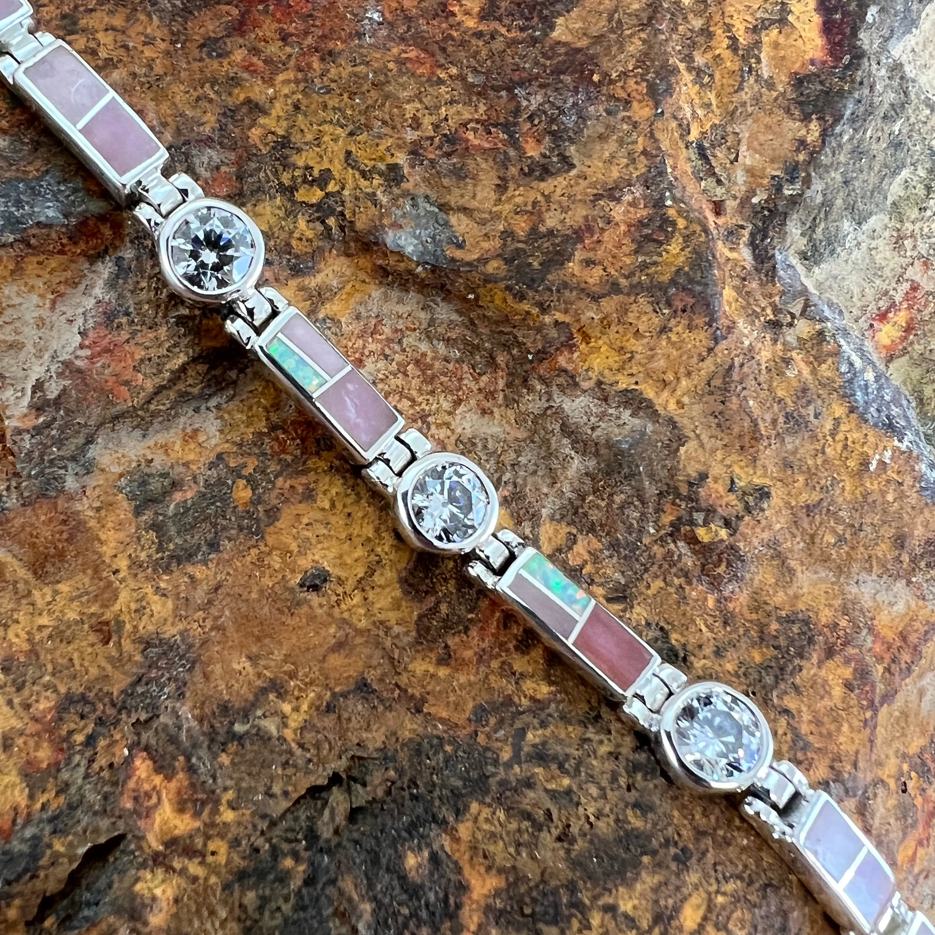 David Rosales Make Me Blush Inlaid Sterling Silver Link Bracelet w Cubic Zirconia