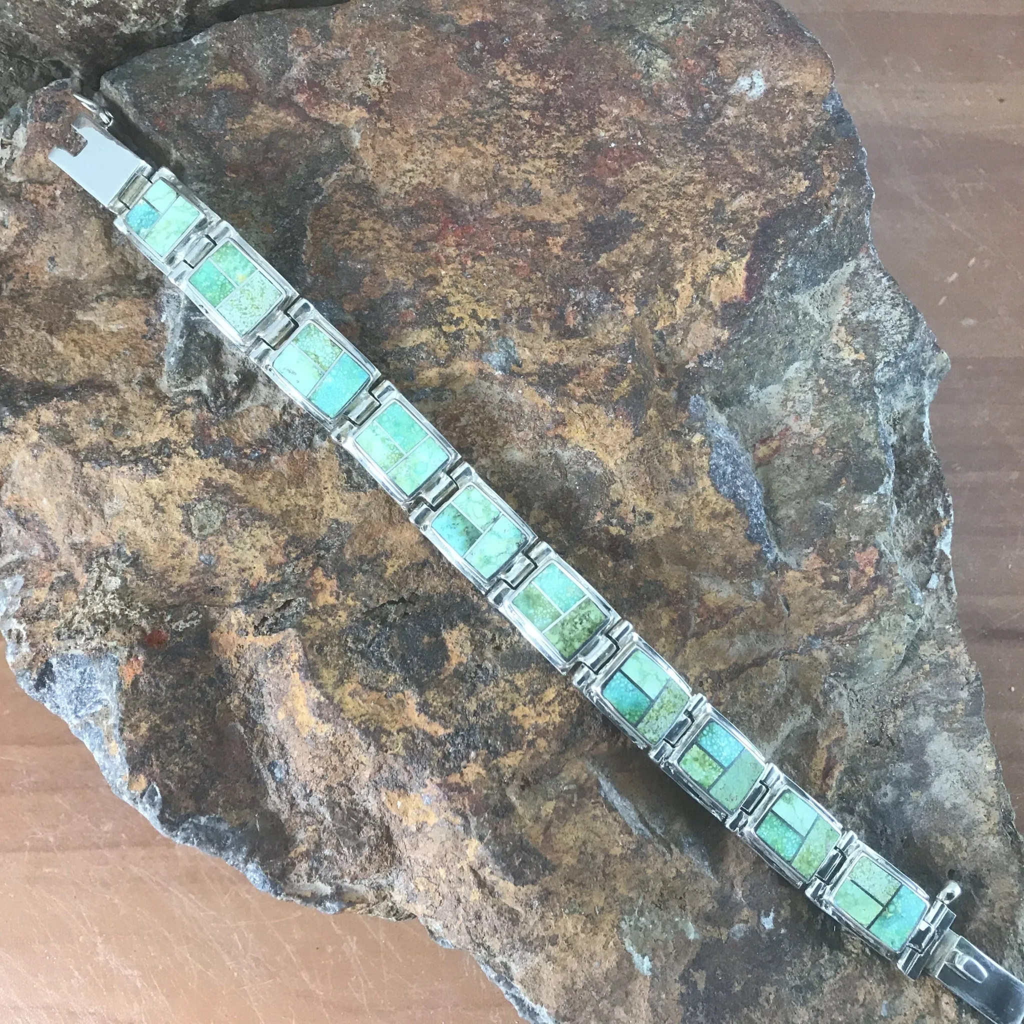 David Rosales Sonoran Gold Turquoise Inlaid Sterling Silver Link Bracelet