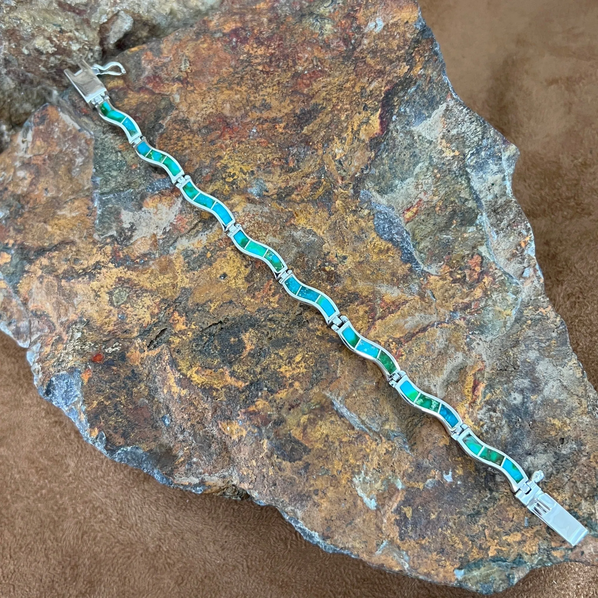 David Rosales Sonoran Gold Turquoise Inlaid Sterling Silver Wavy Link Bracelet