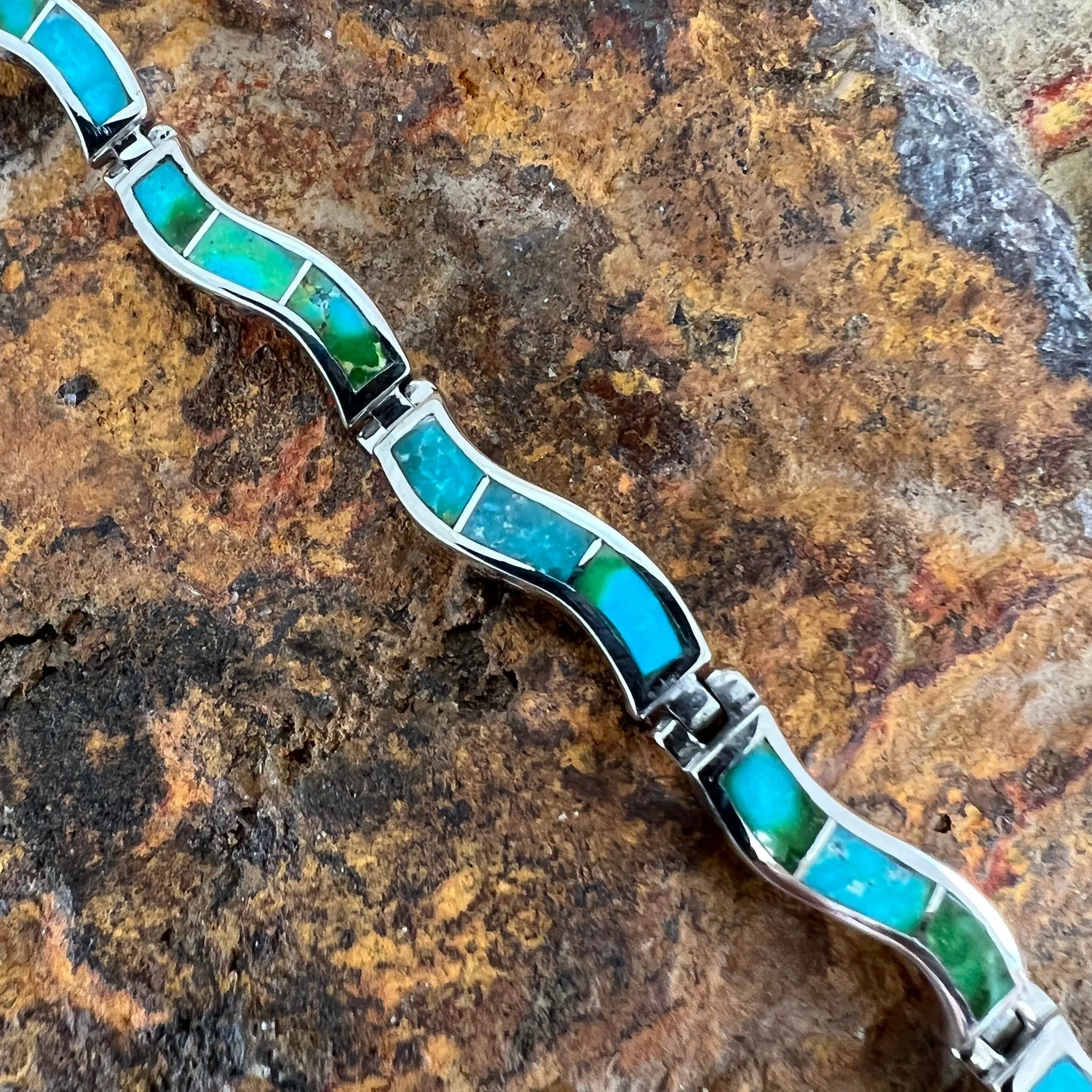 David Rosales Sonoran Gold Turquoise Inlaid Sterling Silver Wavy Link Bracelet