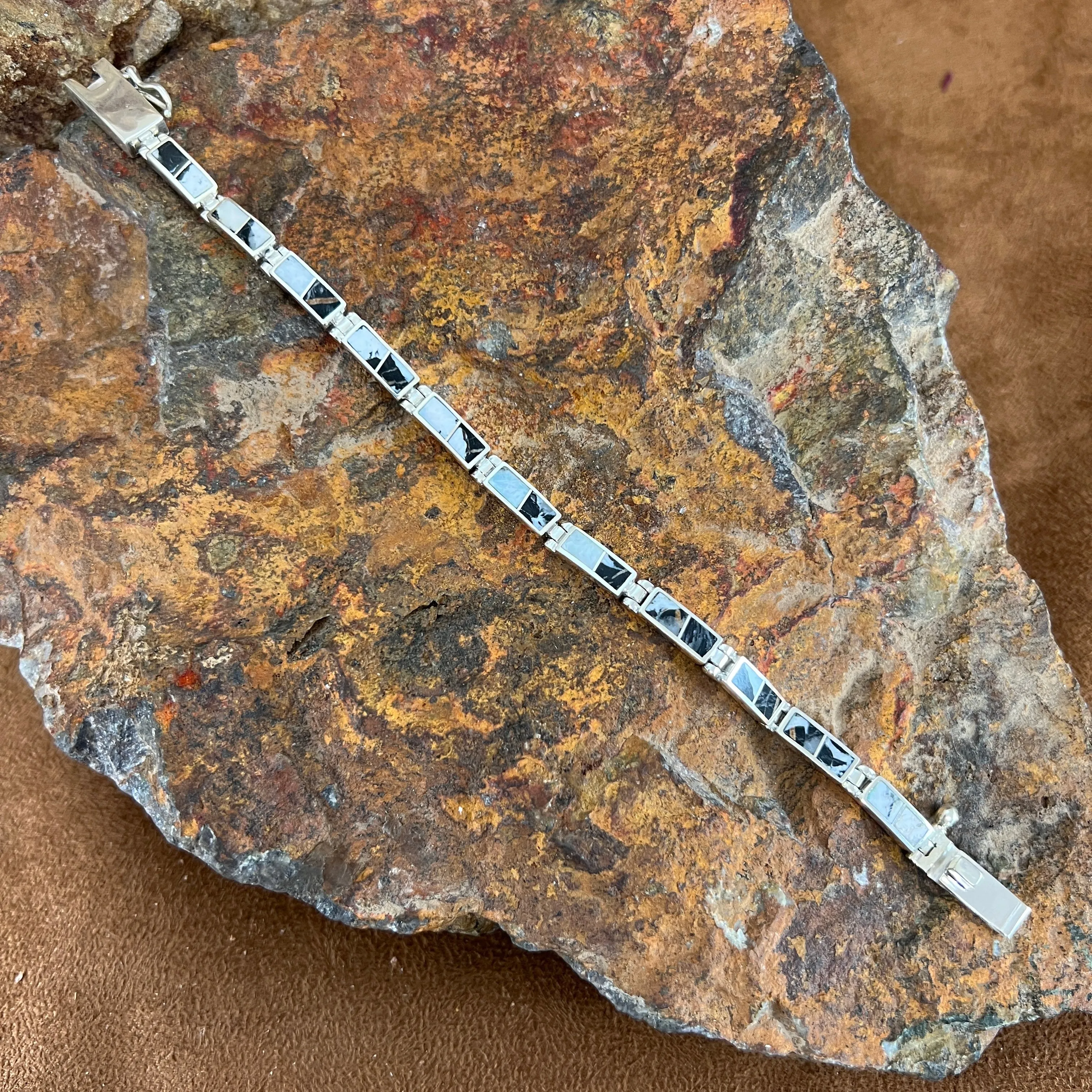 David Rosales White Buffalo Inlaid Sterling Silver Link Bracelet