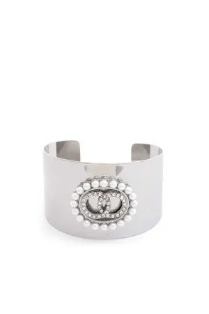 Double Link Rhinestone Pearl Metal Cuff Bracelet