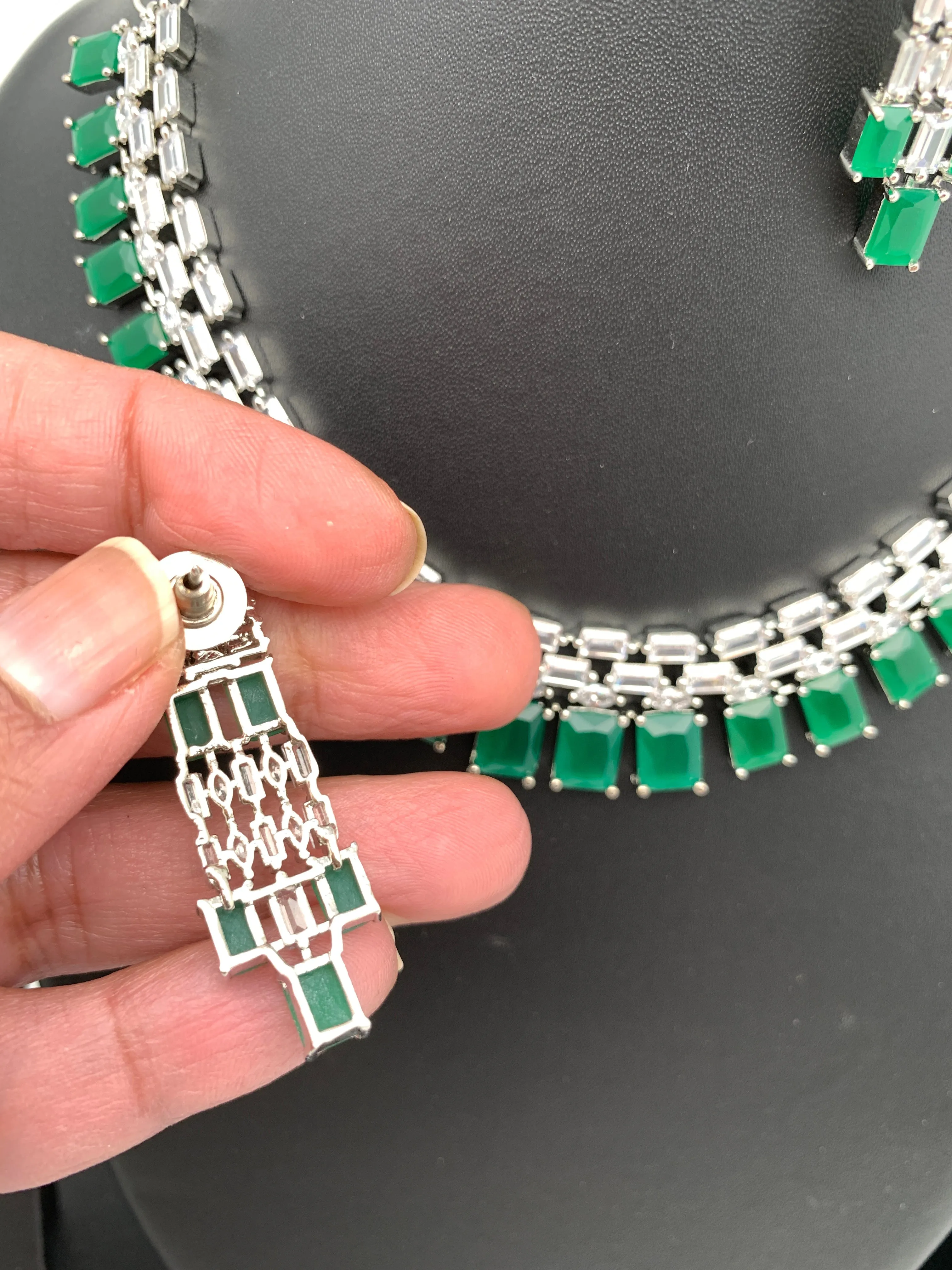 Emerald Green Baguette Stone AD Silver Polish Neckline Short Necklace