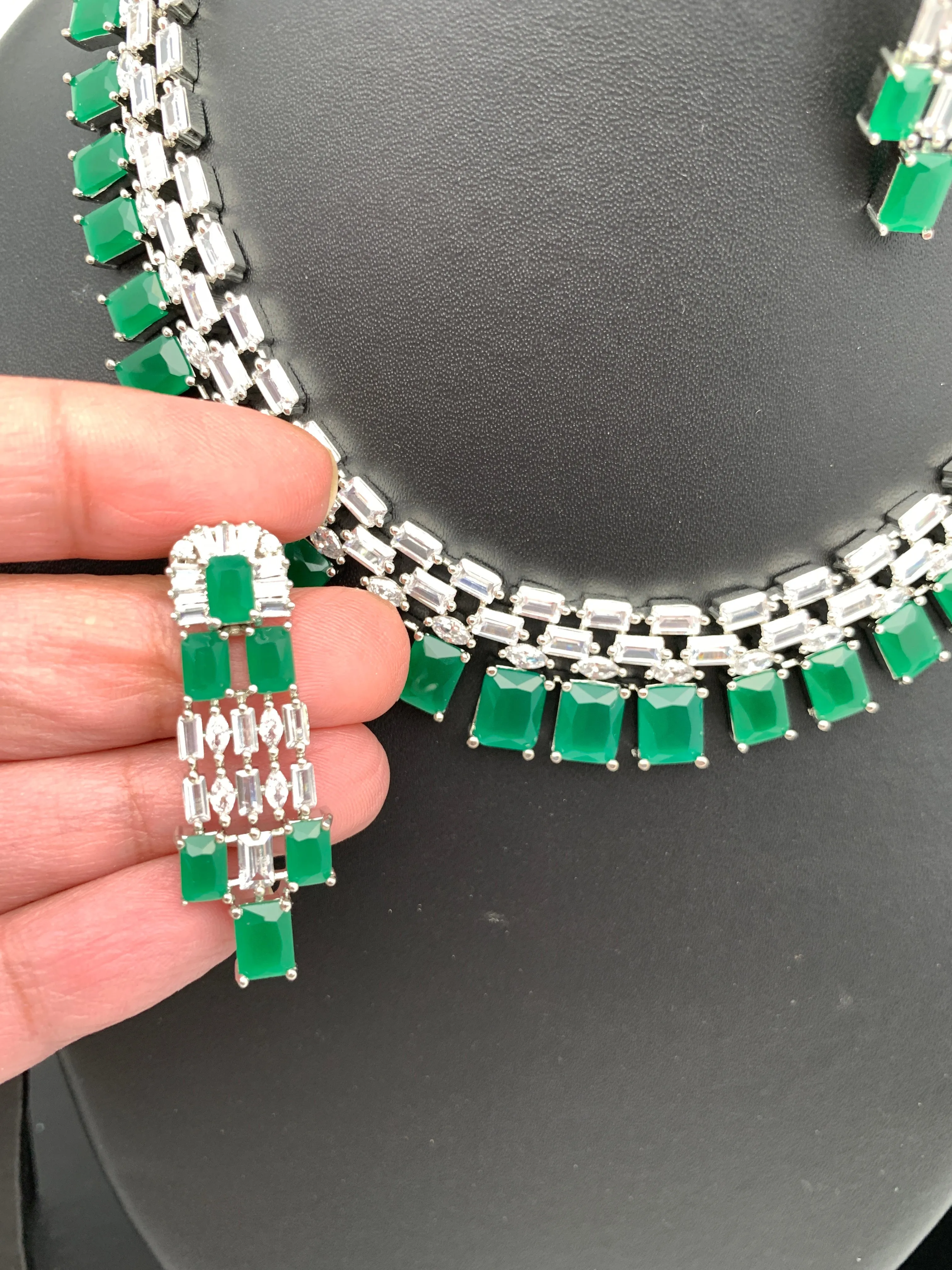 Emerald Green Baguette Stone AD Silver Polish Neckline Short Necklace