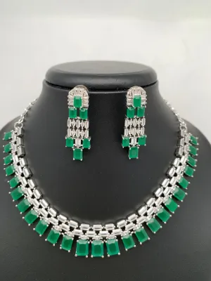 Emerald Green Baguette Stone AD Silver Polish Neckline Short Necklace
