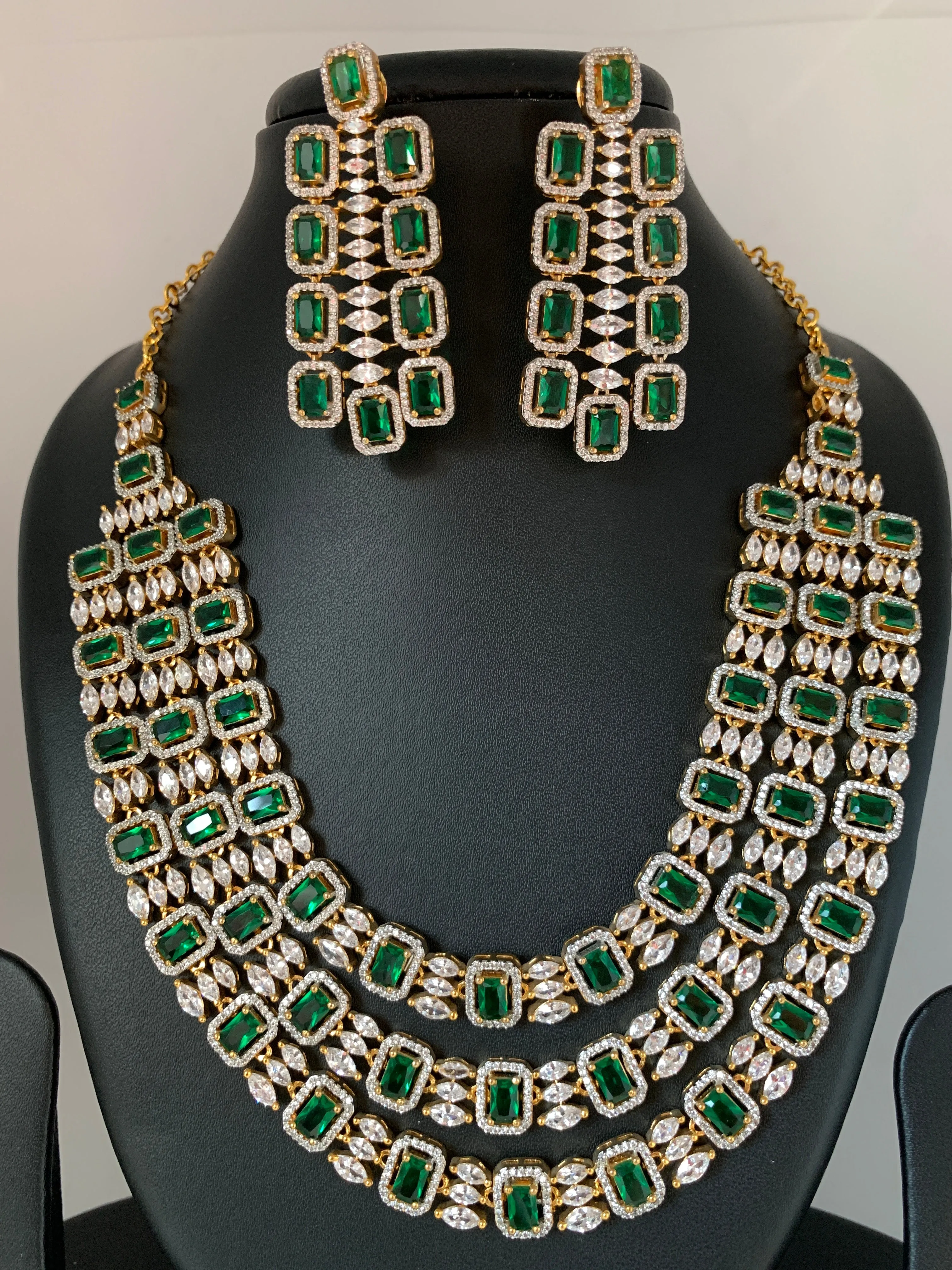 Emerald Green Doublet Triple Layer Baguette AD Short Necklace