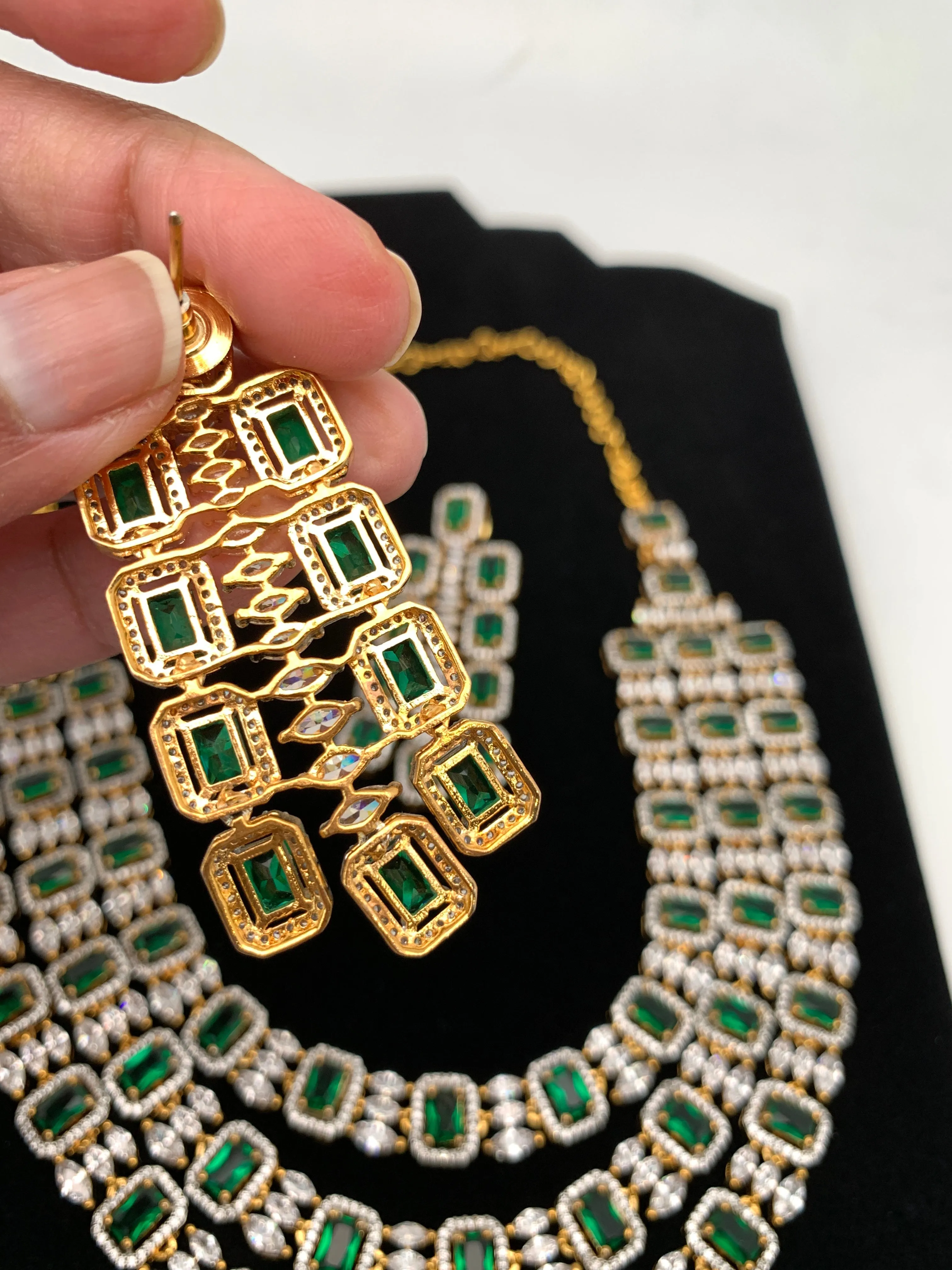Emerald Green Doublet Triple Layer Baguette AD Short Necklace