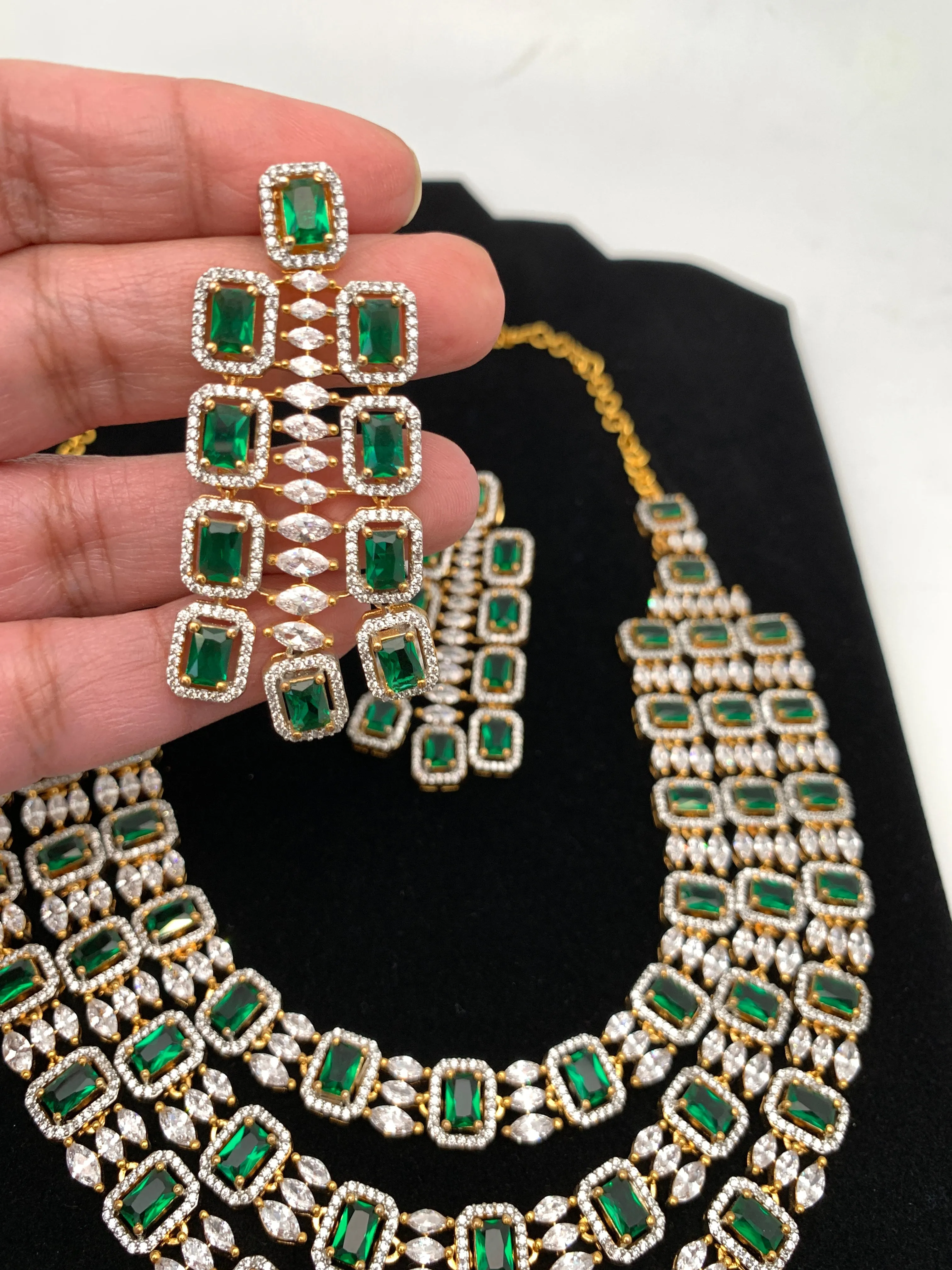Emerald Green Doublet Triple Layer Baguette AD Short Necklace