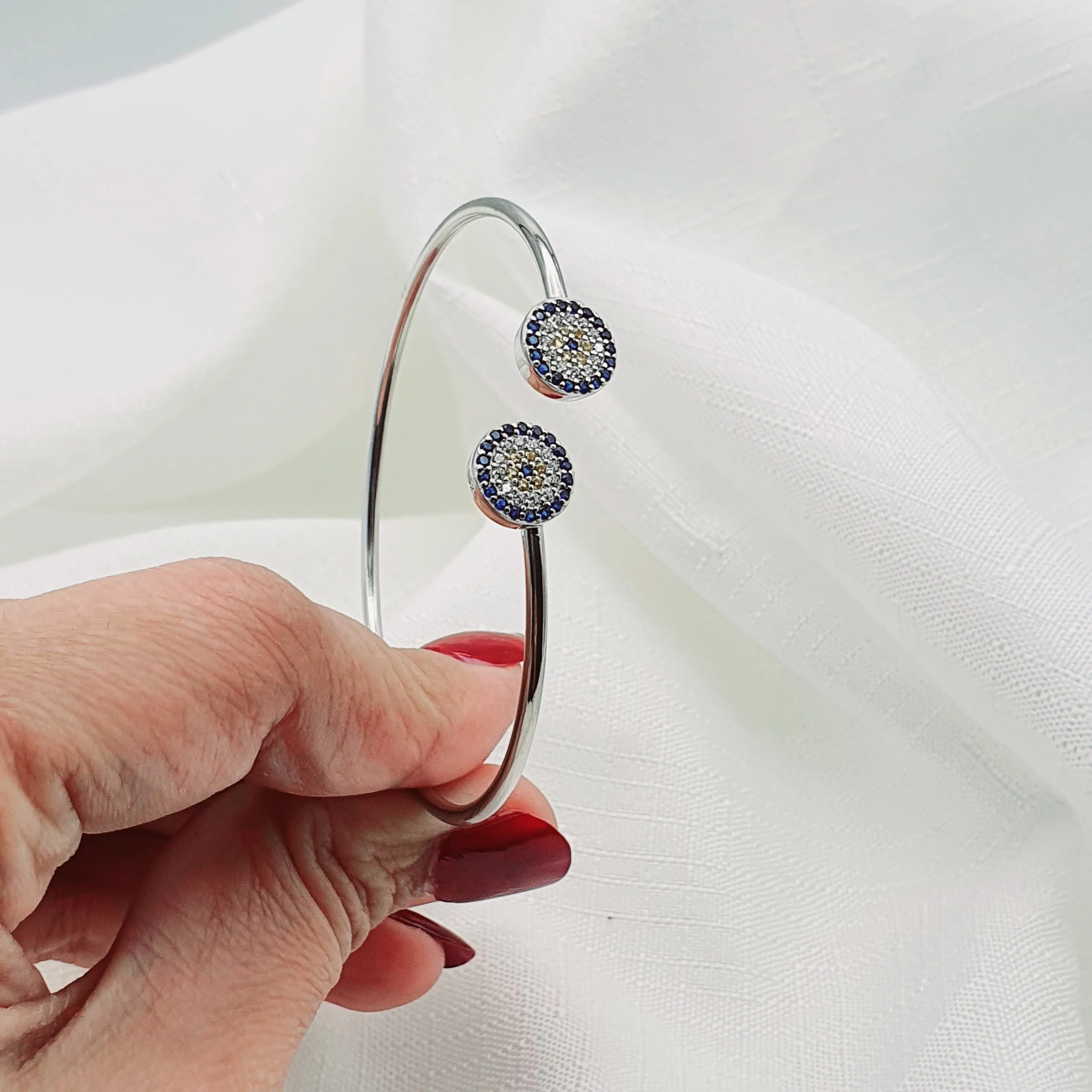 Evil Eye Bangle Cuff Bracelet, Sterling Silver