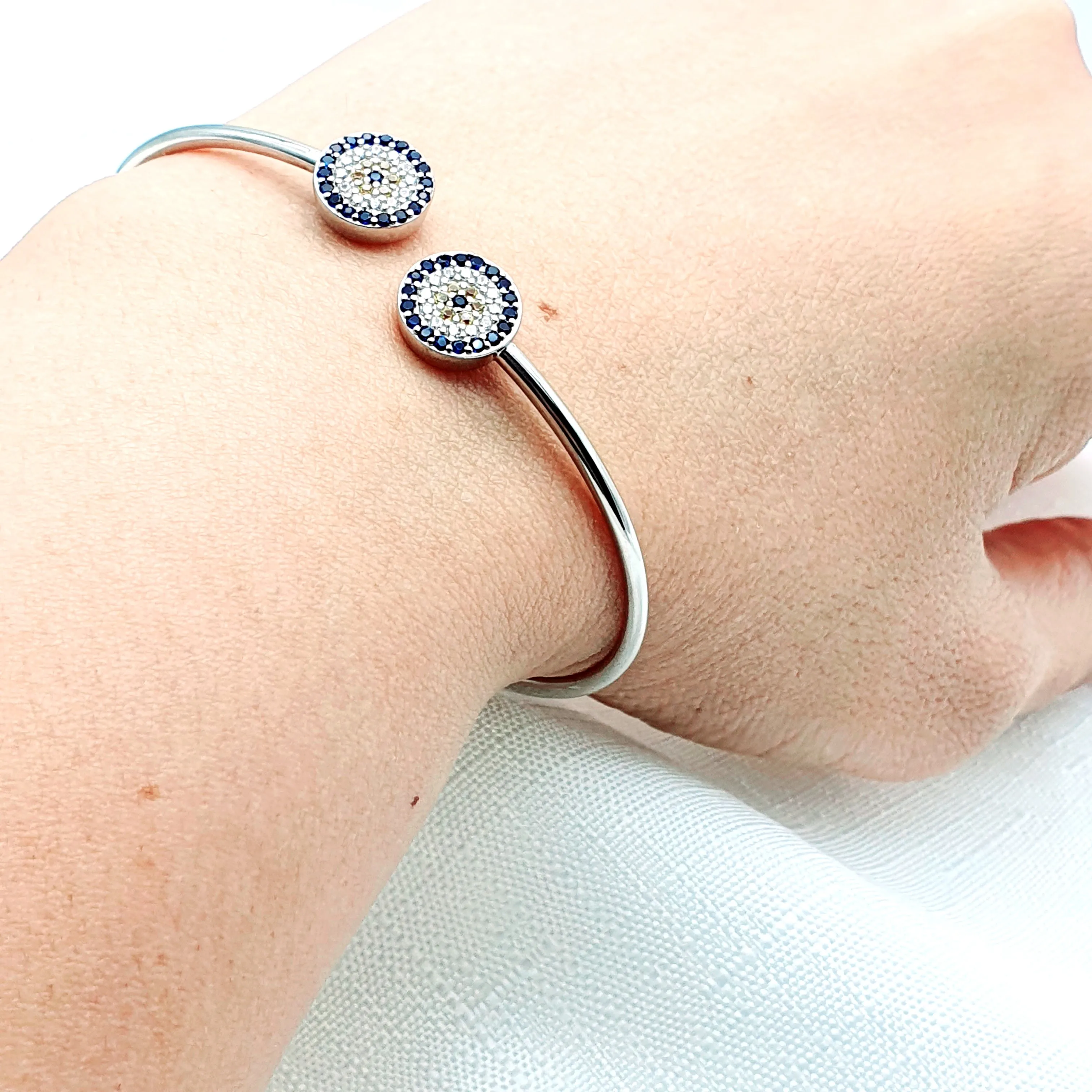 Evil Eye Bangle Cuff Bracelet, Sterling Silver