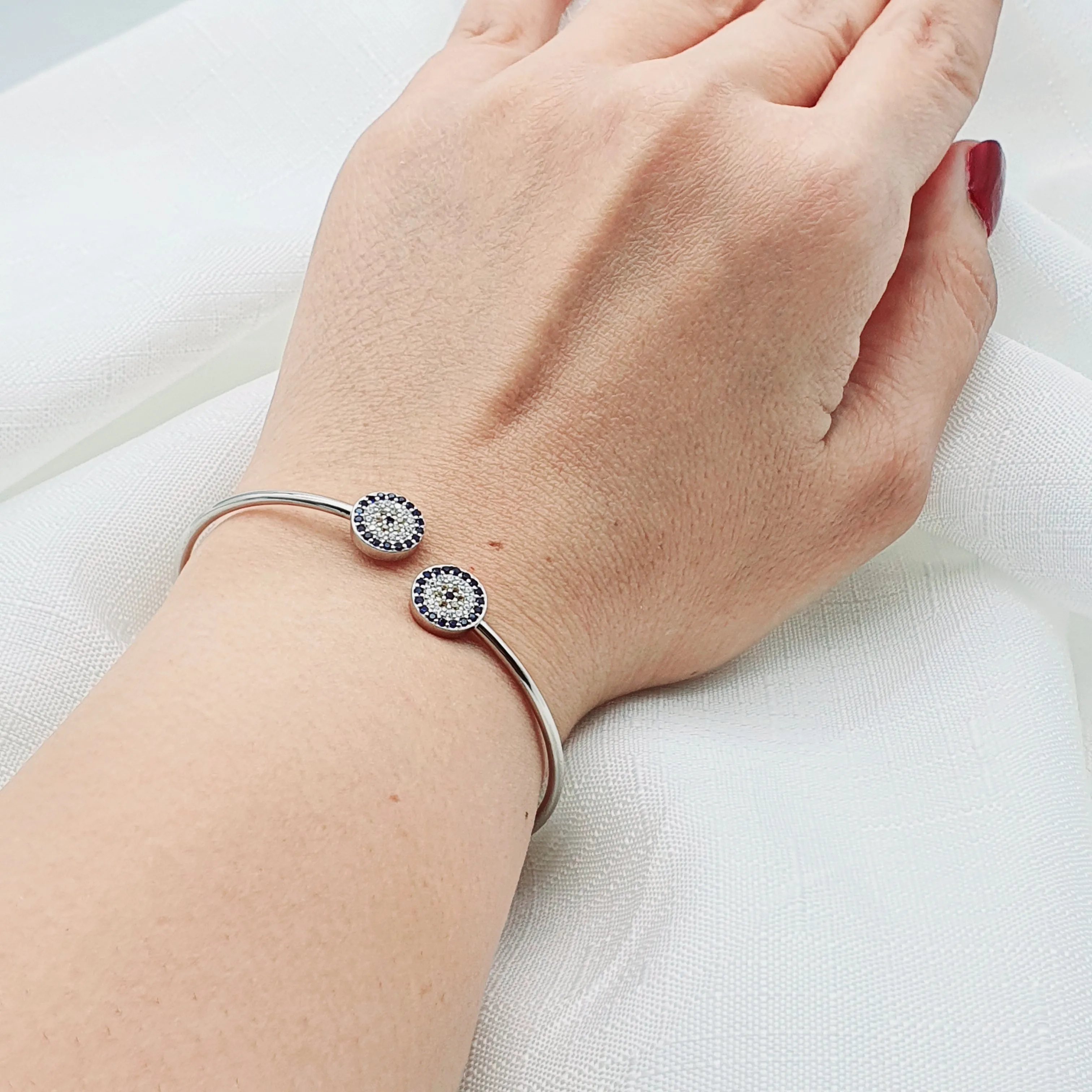 Evil Eye Bangle Cuff Bracelet, Sterling Silver