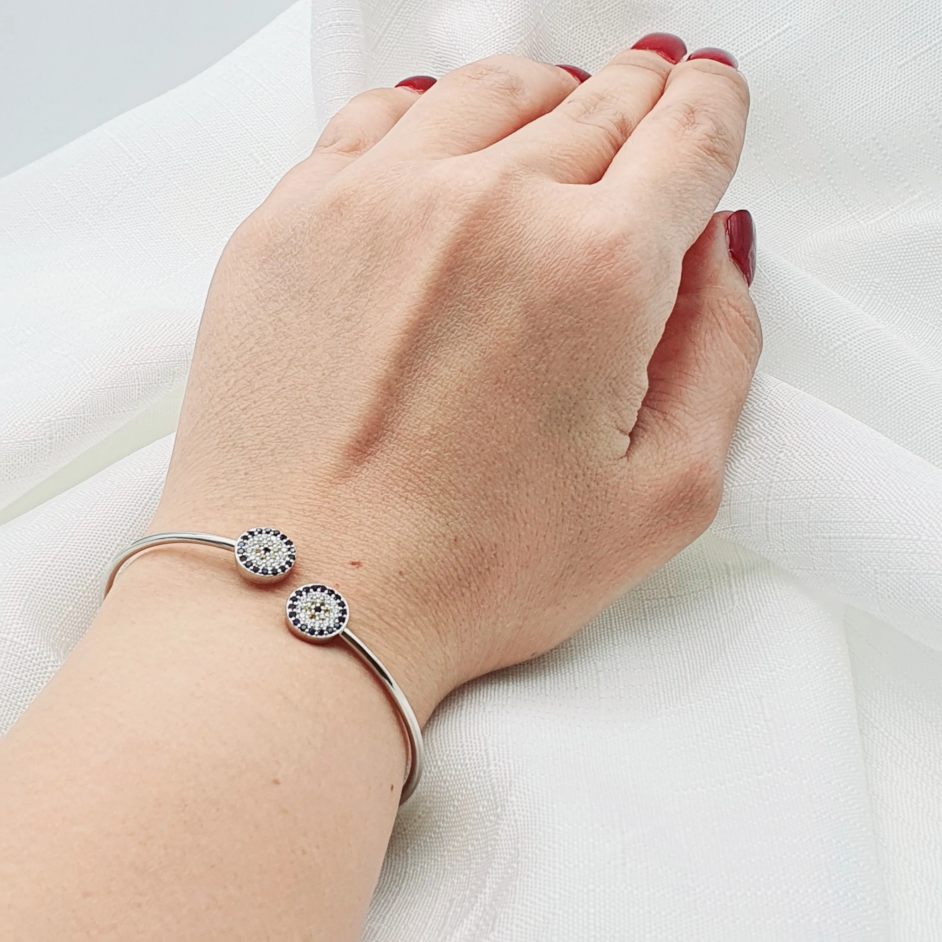 Evil Eye Bangle Cuff Bracelet, Sterling Silver