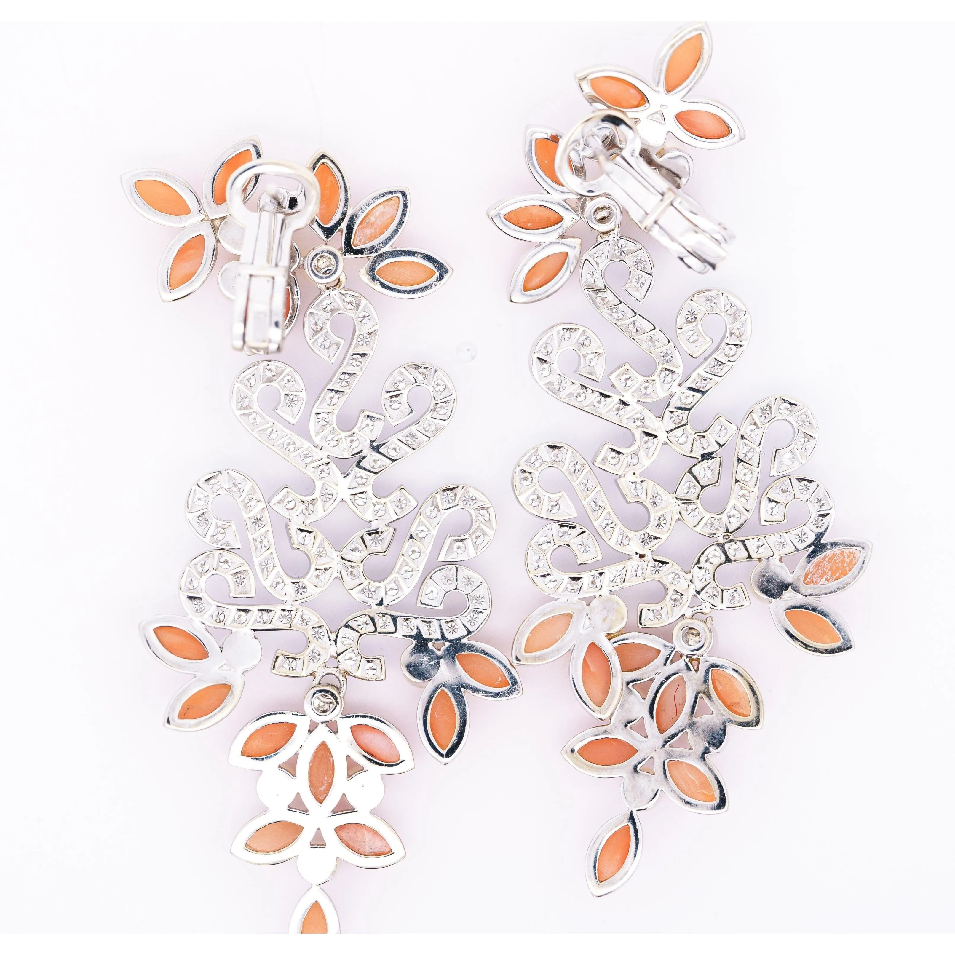 Floral Marquise Coral, Pearl, And Diamond Drop Earrings in 18k White Gold
