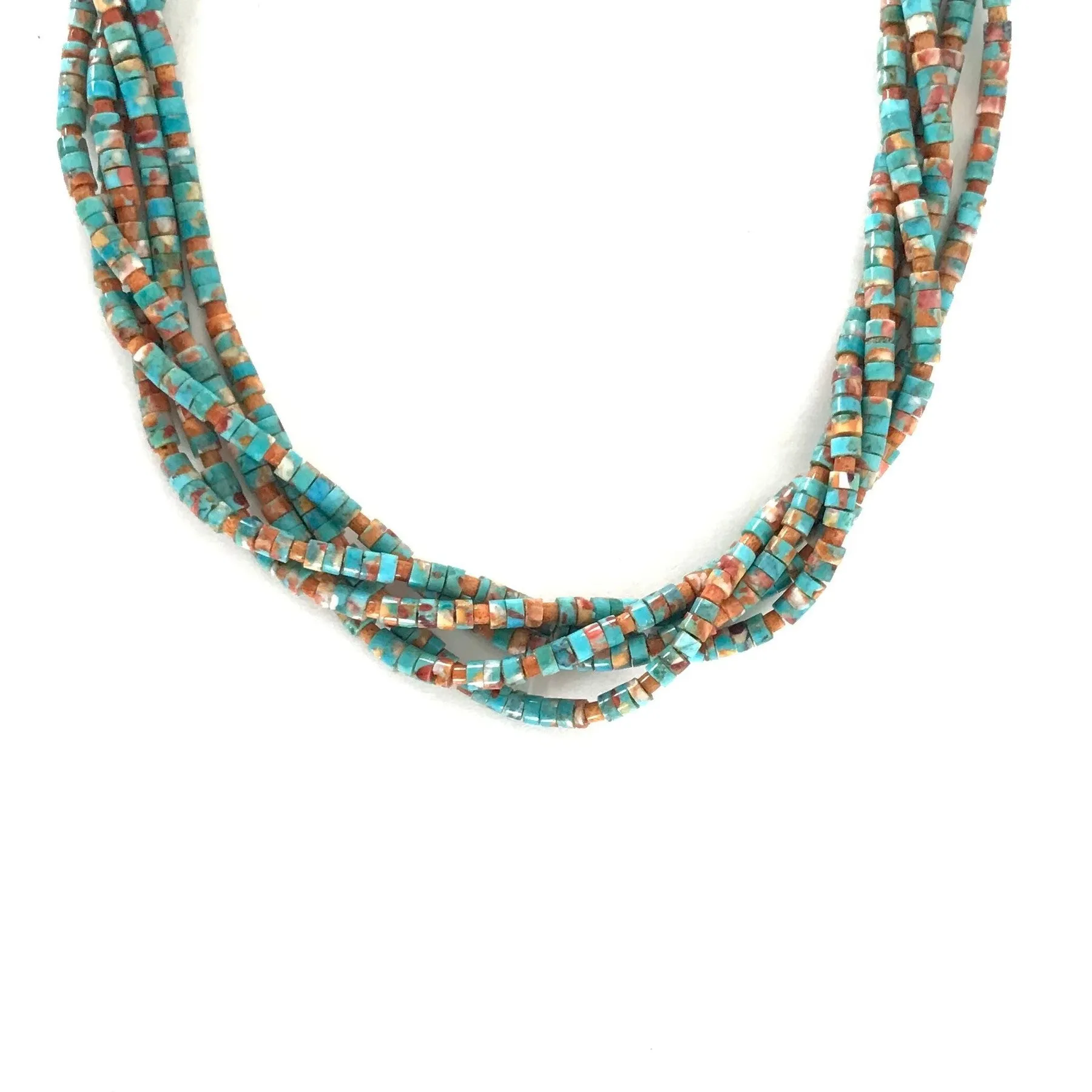 Fred Archuleta Turquoise and Apple Coral 5 Strand Heishi Necklace