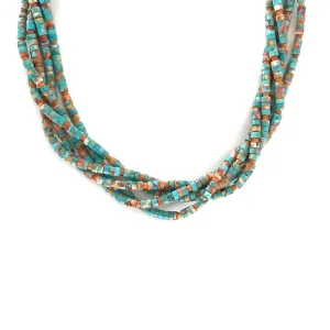 Fred Archuleta Turquoise and Apple Coral 5 Strand Heishi Necklace