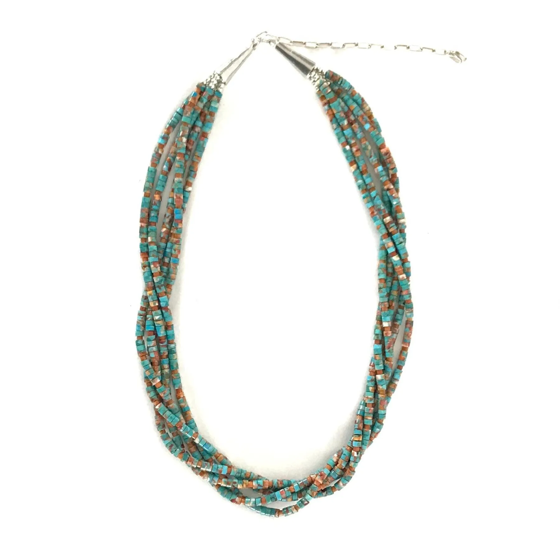 Fred Archuleta Turquoise and Apple Coral 5 Strand Heishi Necklace