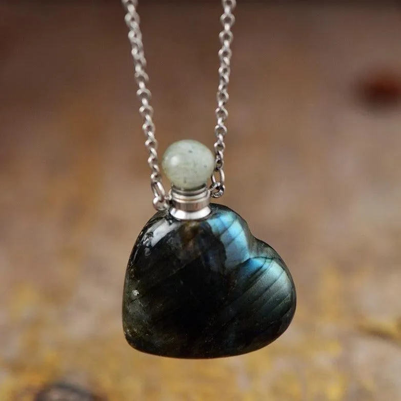 'Gamarra' Heart Shaped Natural Crystal Essential Oil Diffuser Bottle Pendant Necklace - 3 variations