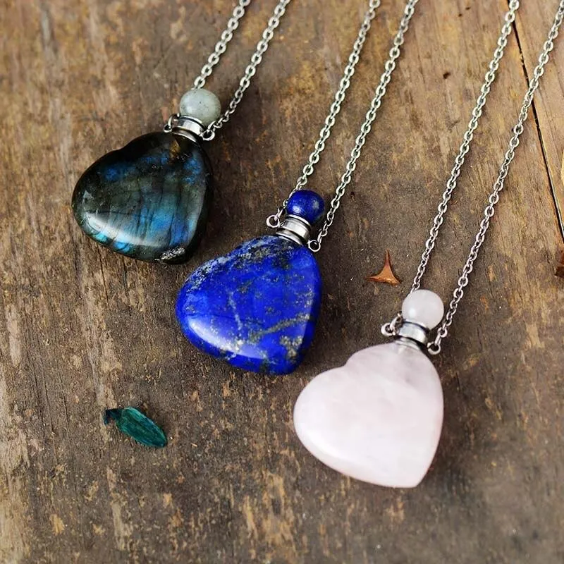 'Gamarra' Heart Shaped Natural Crystal Essential Oil Diffuser Bottle Pendant Necklace - 3 variations