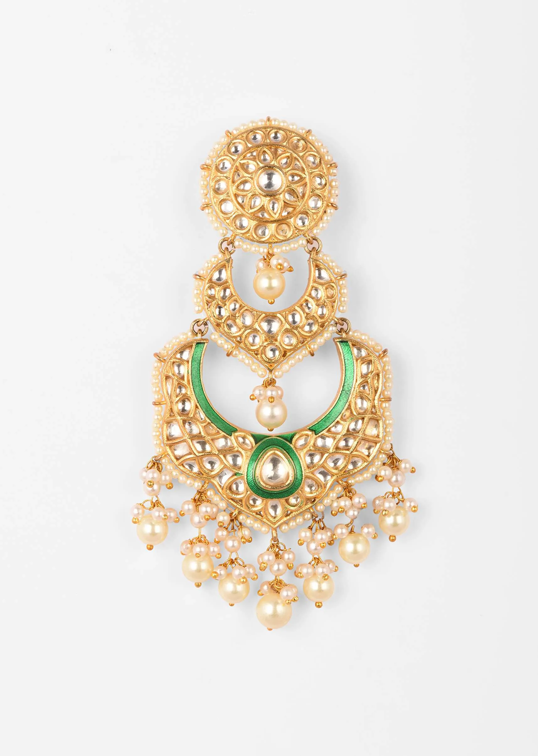 Gold Plated Chandelier Earrings With Kundan, Green Minakari And Pearl Fringes