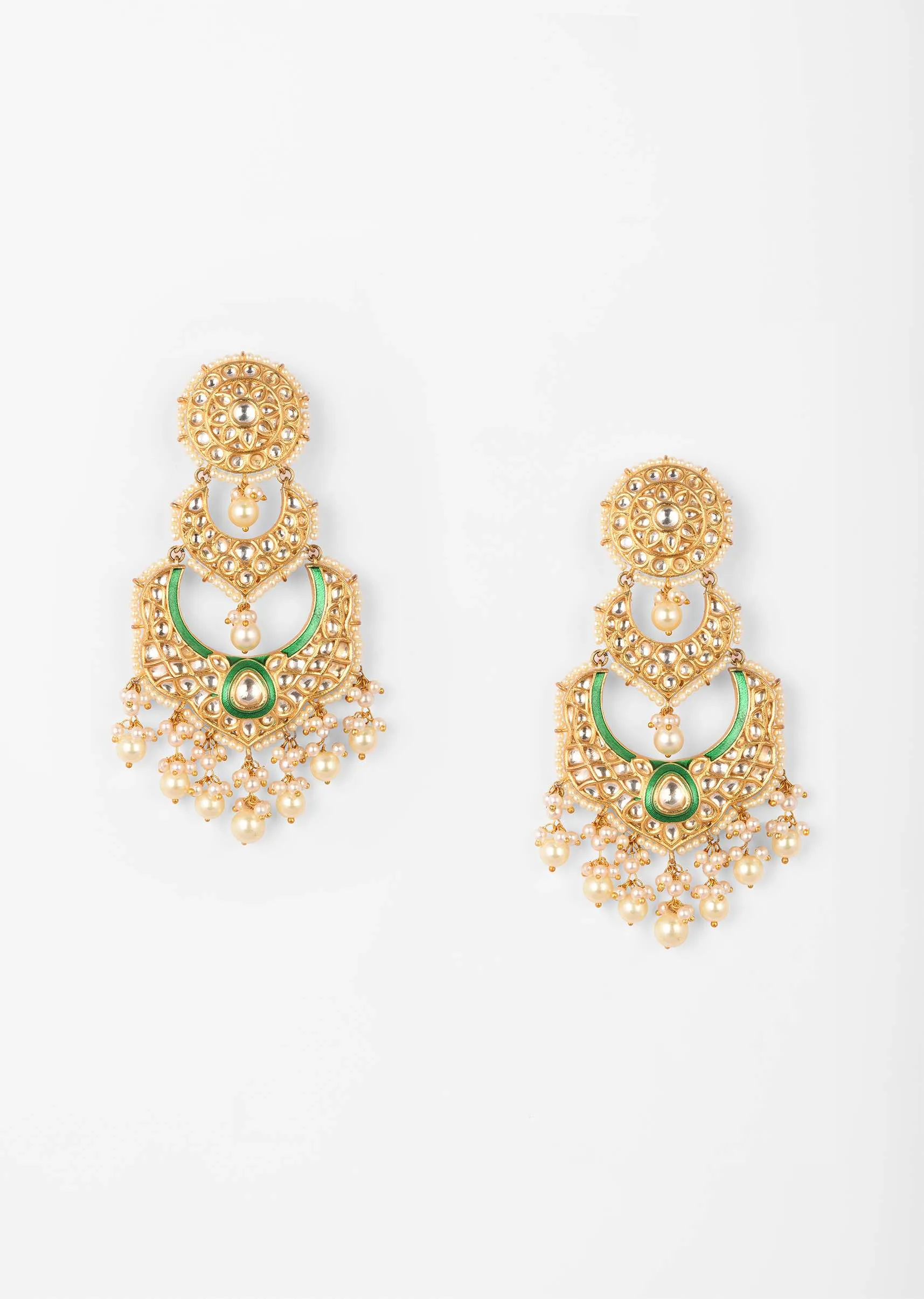 Gold Plated Chandelier Earrings With Kundan, Green Minakari And Pearl Fringes