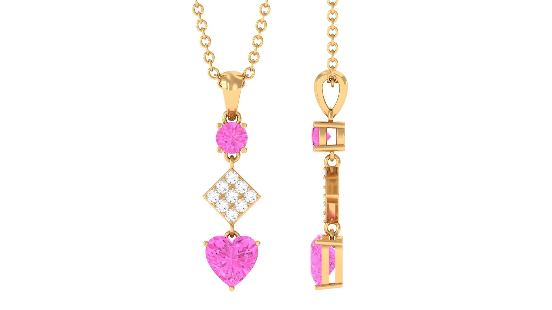 Heart and Round Shape Pink Sapphire and Diamond Dangle Pendant
