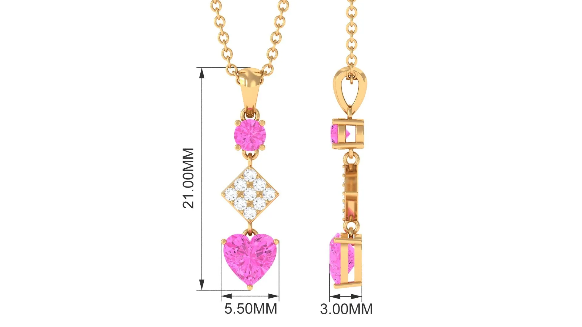 Heart and Round Shape Pink Sapphire and Diamond Dangle Pendant