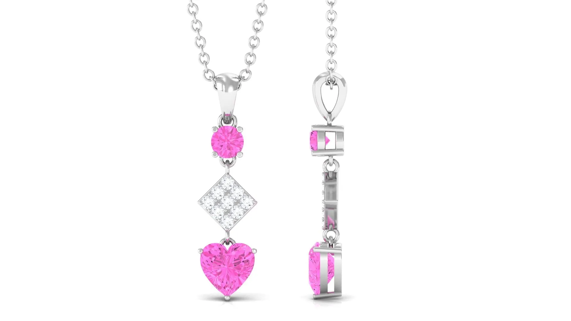 Heart and Round Shape Pink Sapphire and Diamond Dangle Pendant