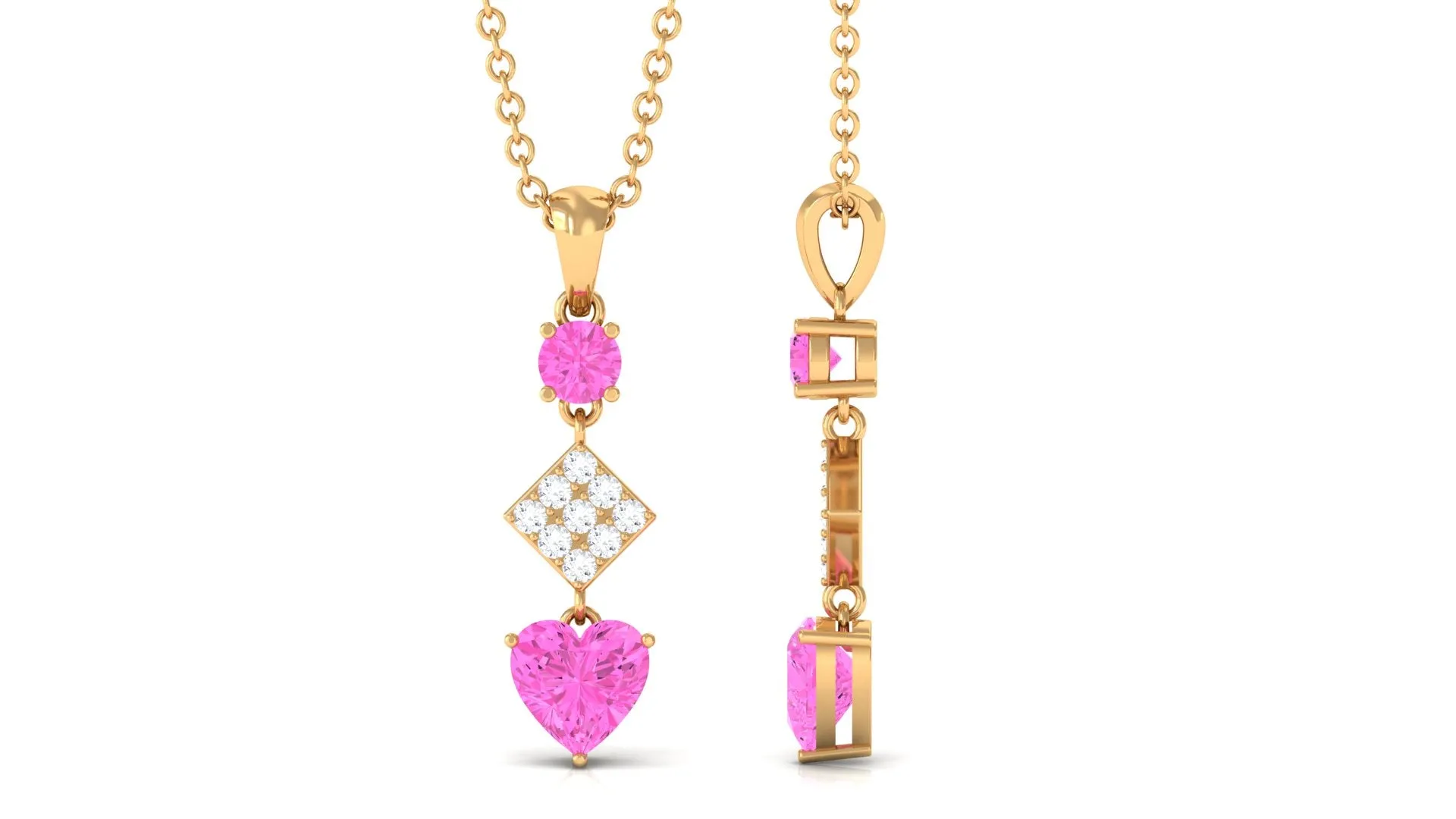 Heart and Round Shape Pink Sapphire and Diamond Dangle Pendant