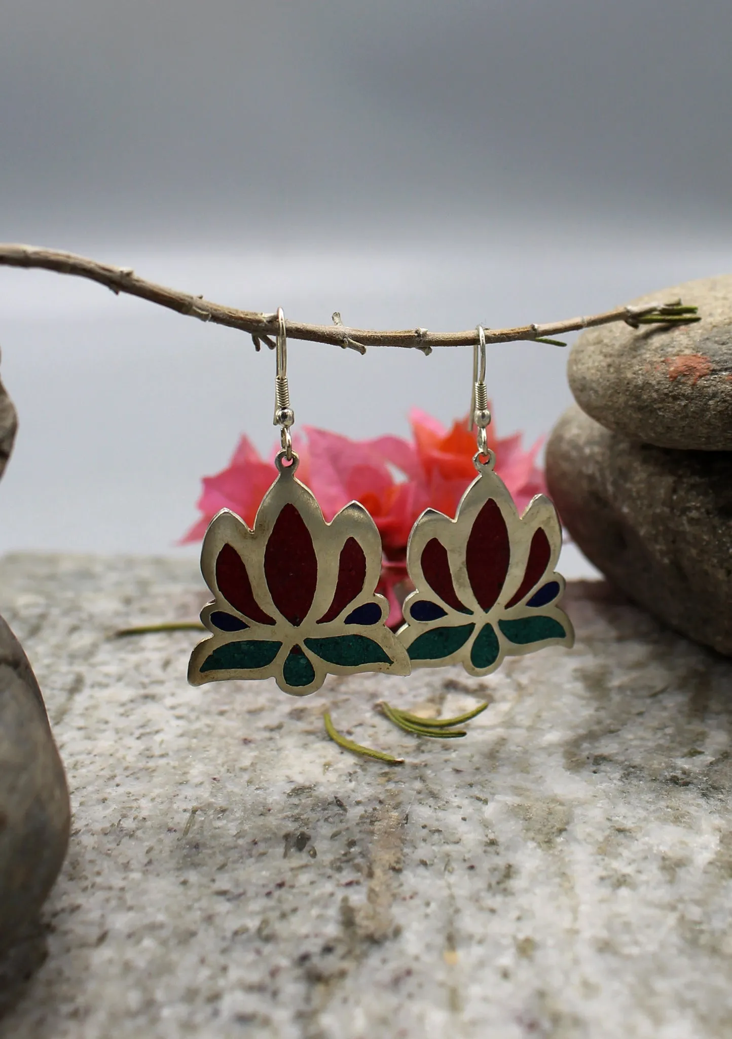 Inlaid Lotus White Metal Earrings