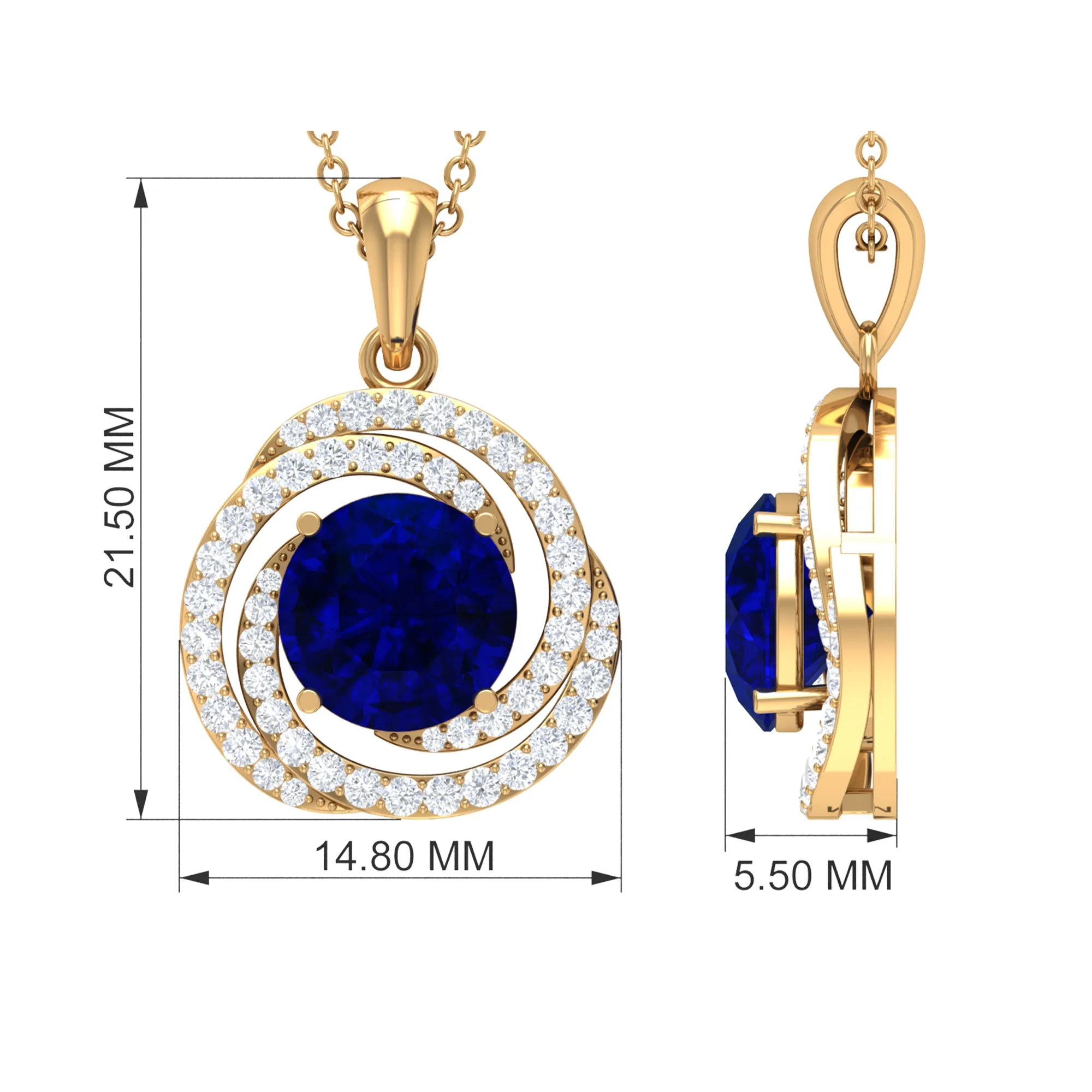 Lab Grown Blue Sapphire Swirl Pendant Necklace With Moissanite
