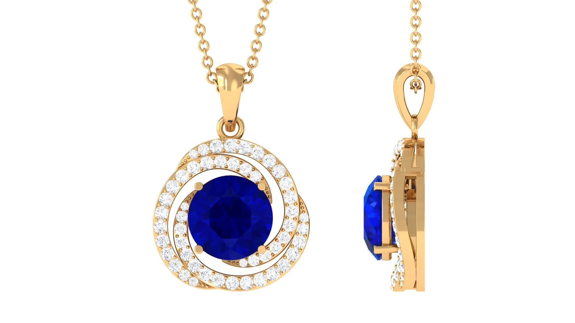 Lab Grown Blue Sapphire Swirl Pendant Necklace With Moissanite