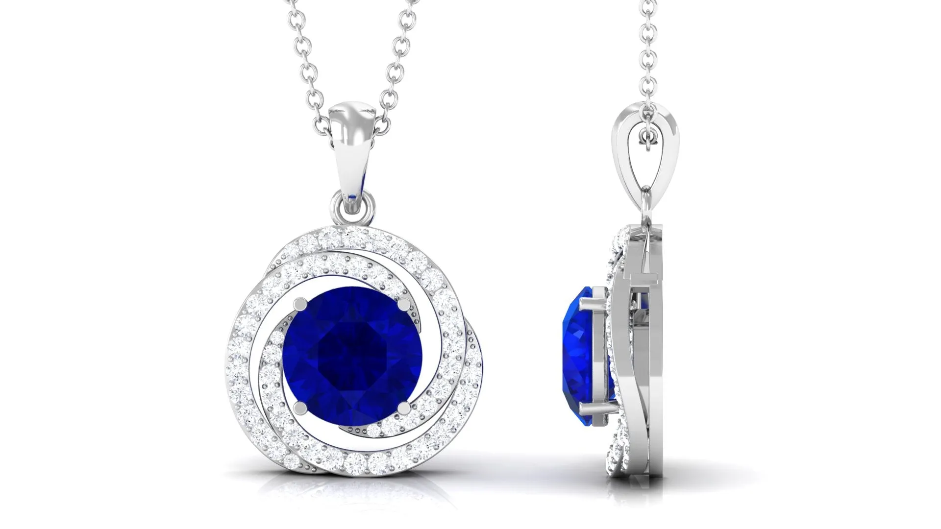 Lab Grown Blue Sapphire Swirl Pendant Necklace With Moissanite