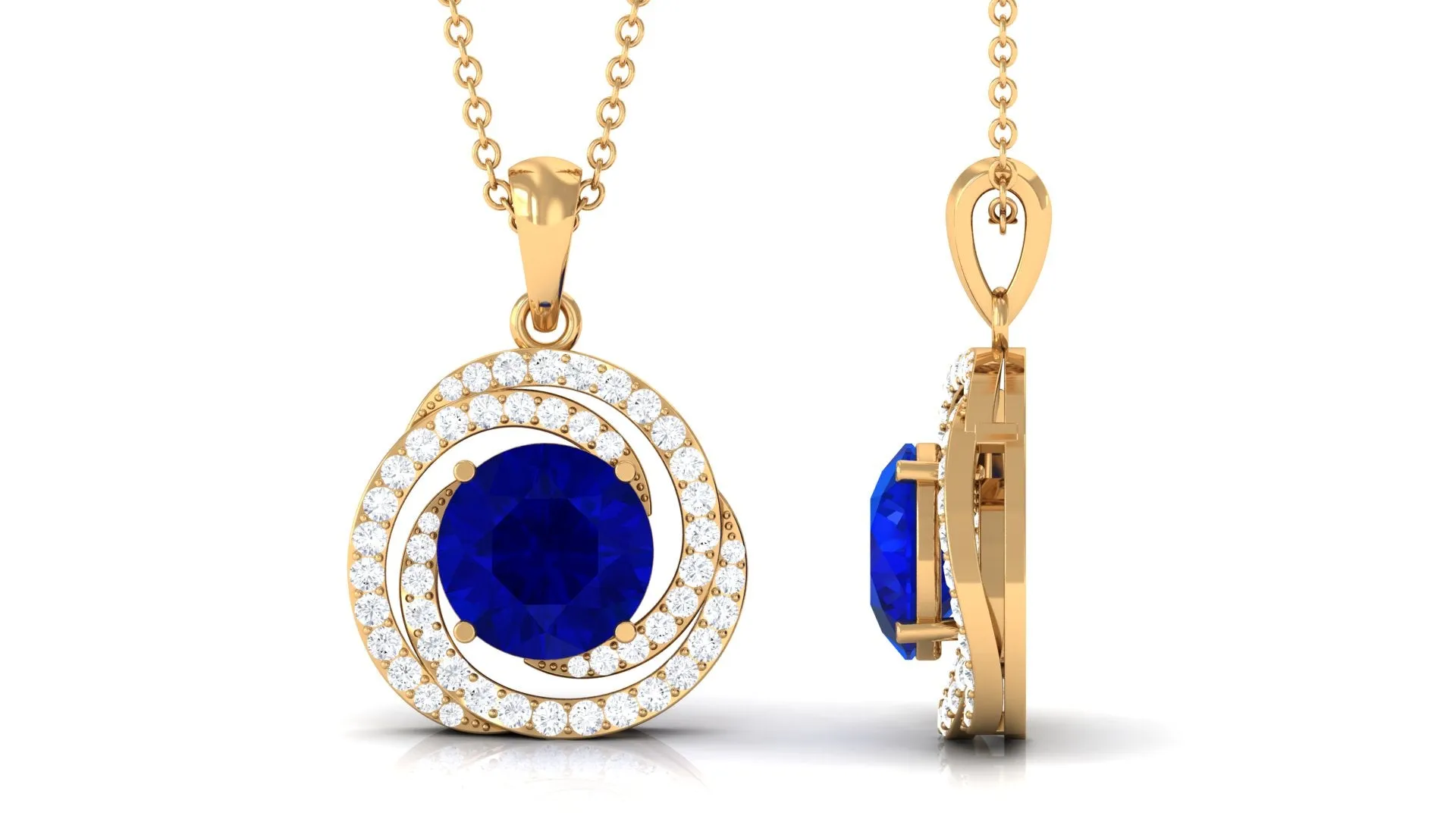 Lab Grown Blue Sapphire Swirl Pendant Necklace With Moissanite