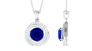 Lab Grown Blue Sapphire Swirl Pendant Necklace With Moissanite