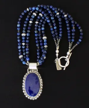 Lapis Lazuli and Sterling Silver 29 Concho Button Pendant with 3 Strands of Lapis Faceted Rounds, Czech Glass and Sterling Silver