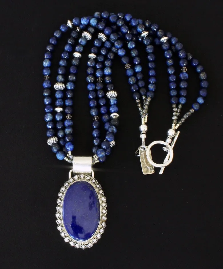 Lapis Lazuli and Sterling Silver 29 Concho Button Pendant with 3 Strands of Lapis Faceted Rounds, Czech Glass and Sterling Silver