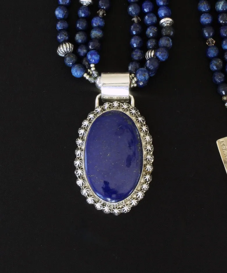 Lapis Lazuli and Sterling Silver 29 Concho Button Pendant with 3 Strands of Lapis Faceted Rounds, Czech Glass and Sterling Silver