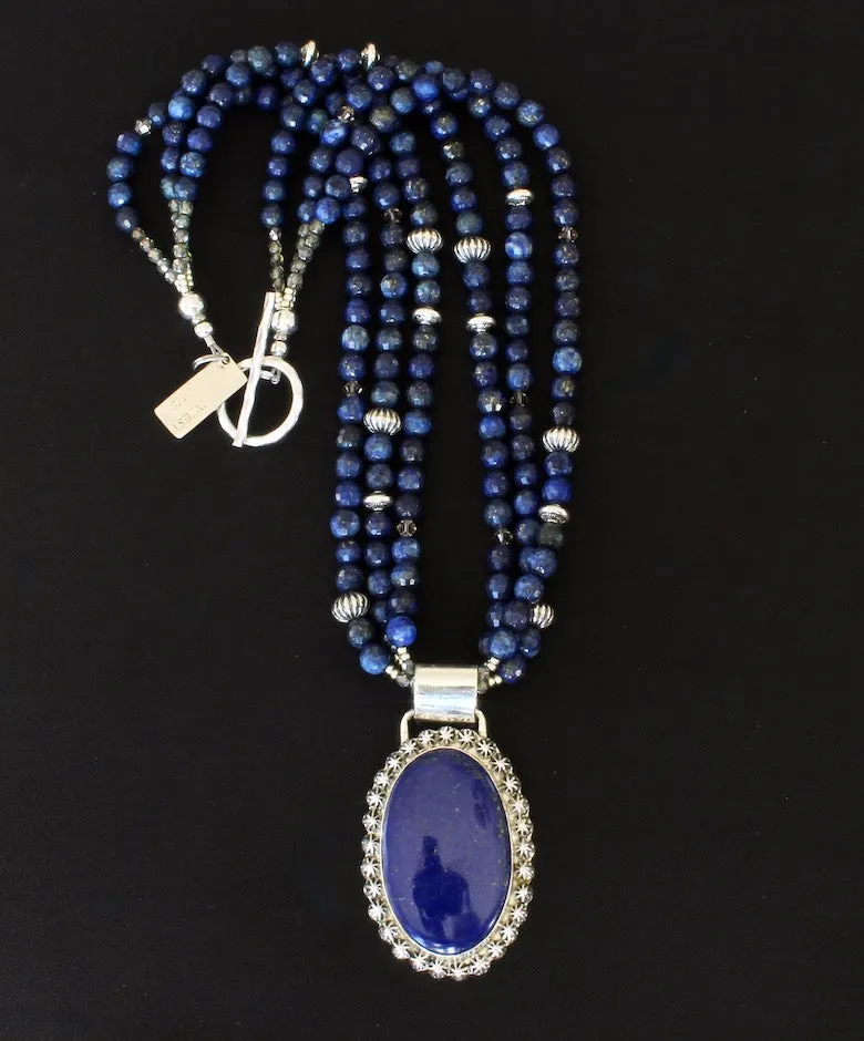 Lapis Lazuli and Sterling Silver 29 Concho Button Pendant with 3 Strands of Lapis Faceted Rounds, Czech Glass and Sterling Silver