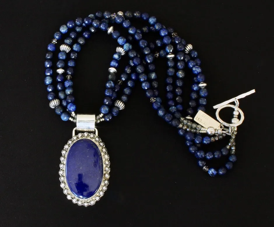 Lapis Lazuli and Sterling Silver 29 Concho Button Pendant with 3 Strands of Lapis Faceted Rounds, Czech Glass and Sterling Silver