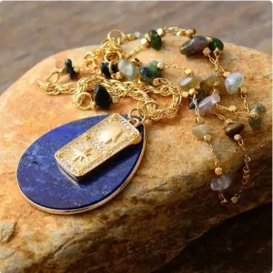 Lapis Lazuli Spiritual Teardrop Necklace - Bohemian Ethnic Jewelry with Zirconia and Agate Stones | 19.7 Inches Gold Plated Copper