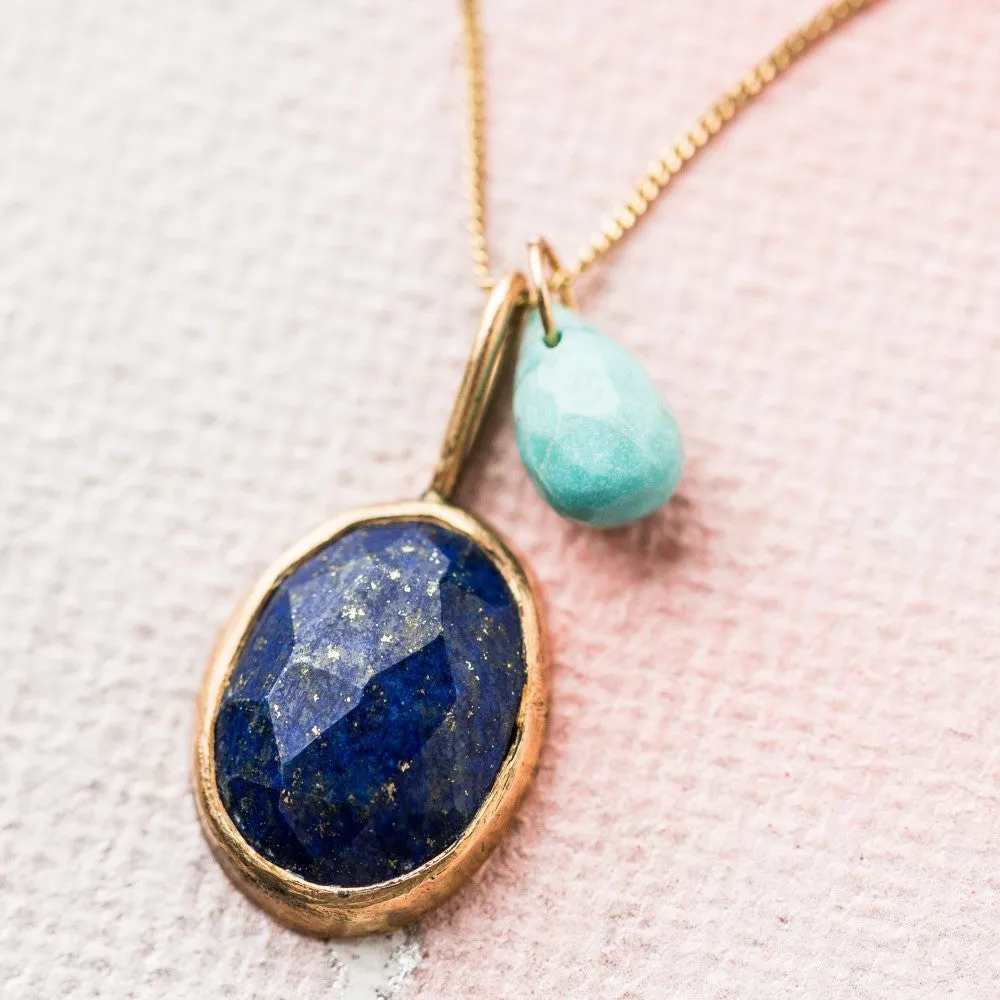 Lapis Necklace with Turquoise on Curb Chain in 14k Gold