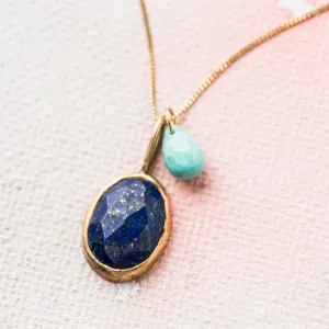 Lapis Necklace with Turquoise on Curb Chain in 14k Gold
