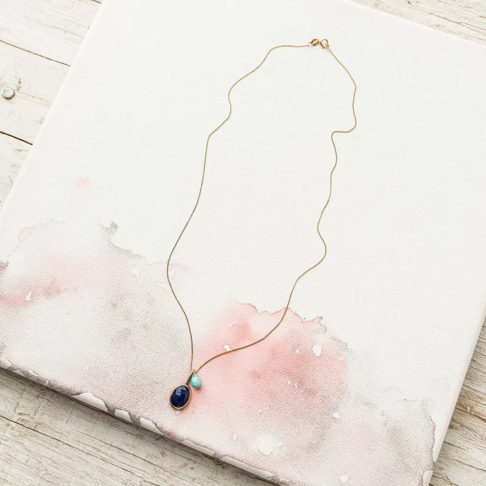 Lapis Necklace with Turquoise on Curb Chain in 14k Gold