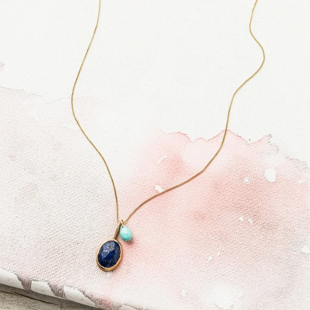 Lapis Necklace with Turquoise on Curb Chain in 14k Gold