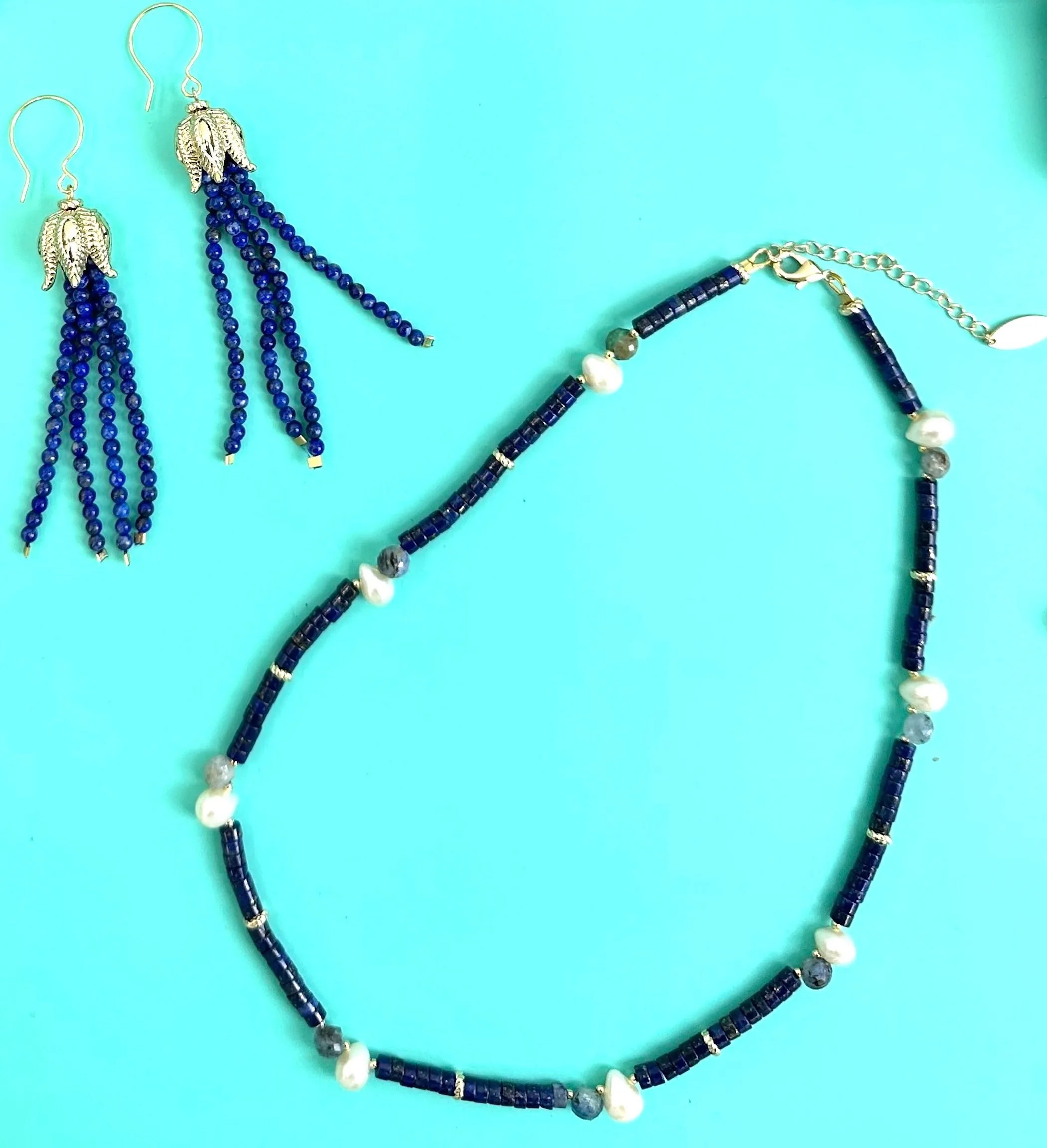 Lapis with Teardrop Pearls Dainty Necklace JN030