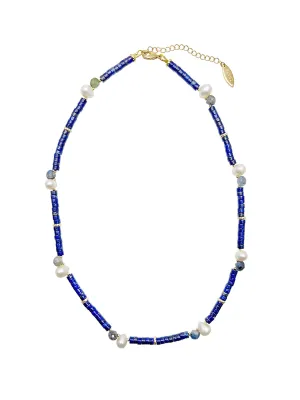 Lapis with Teardrop Pearls Dainty Necklace JN030