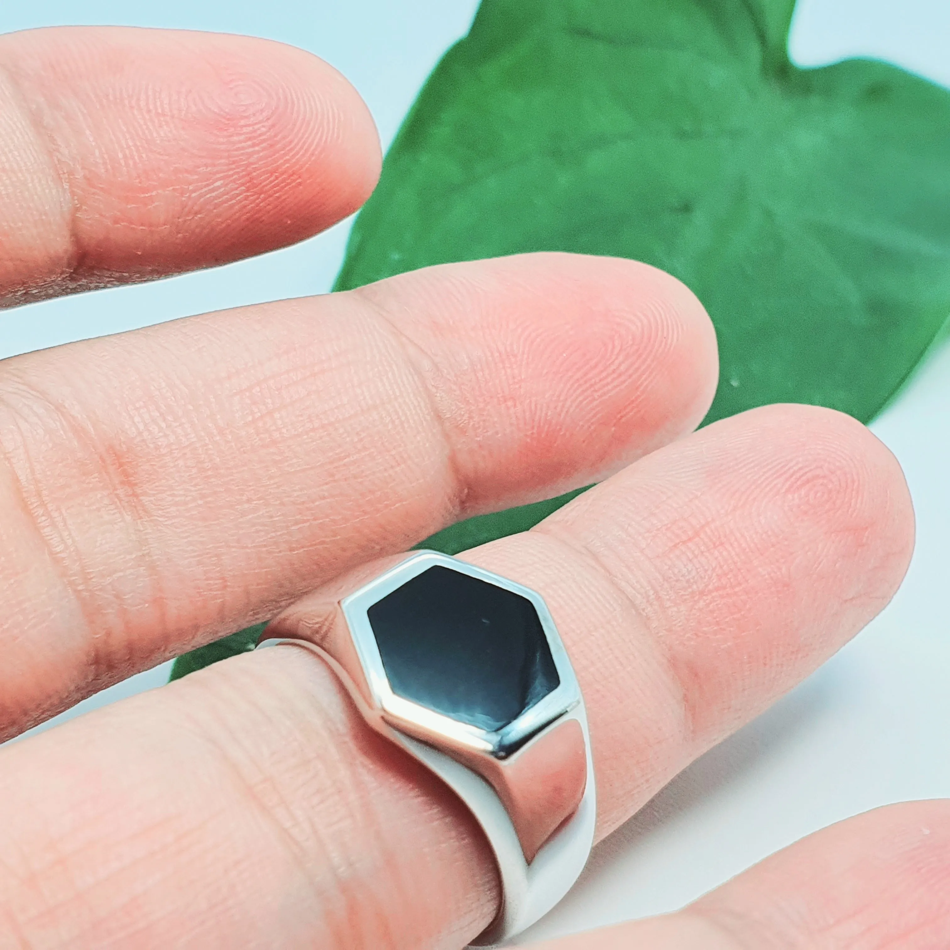 Large Hexagon Black Onyx Open Ring, Sterling Silver